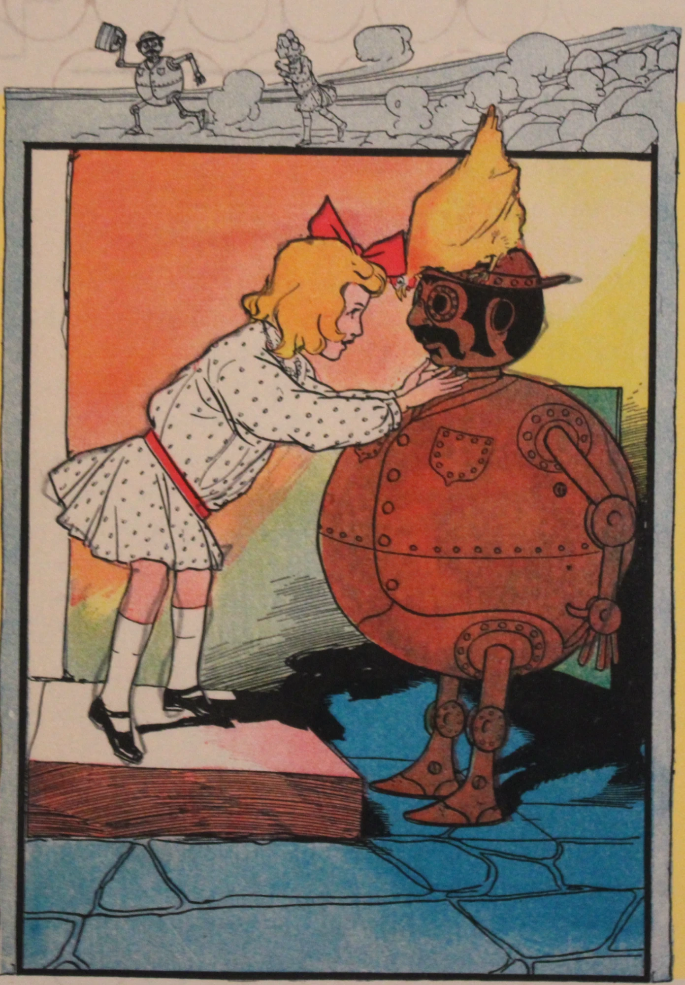 Vintage storybook illustration of a girl in a polka-dot dress leaning in to a round copper clockwork man with a hen perched on his hat