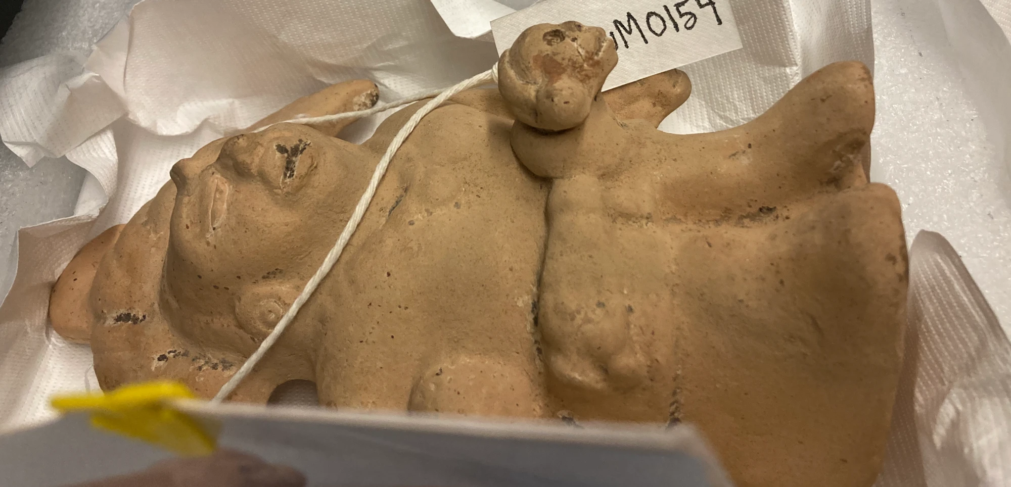 A clay figure lying in tissue paper, seen from above at an angle, tagged MawM0154.