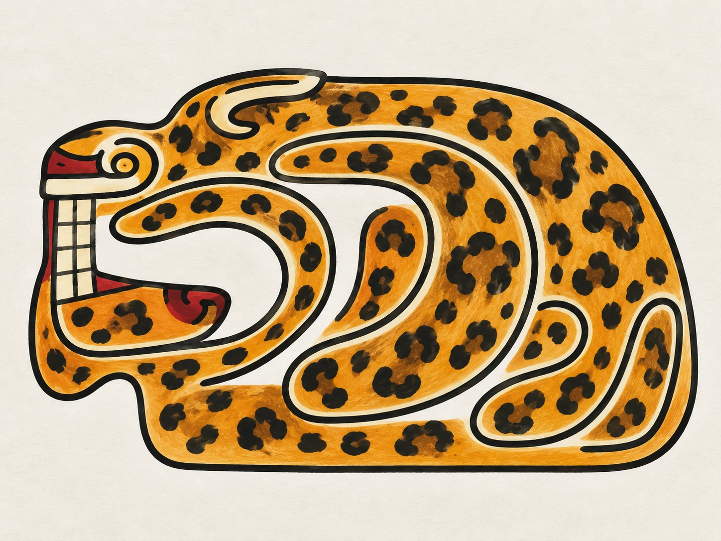 The pencil drawing brought to life as a spotted jaguar curled up with its mouth open.