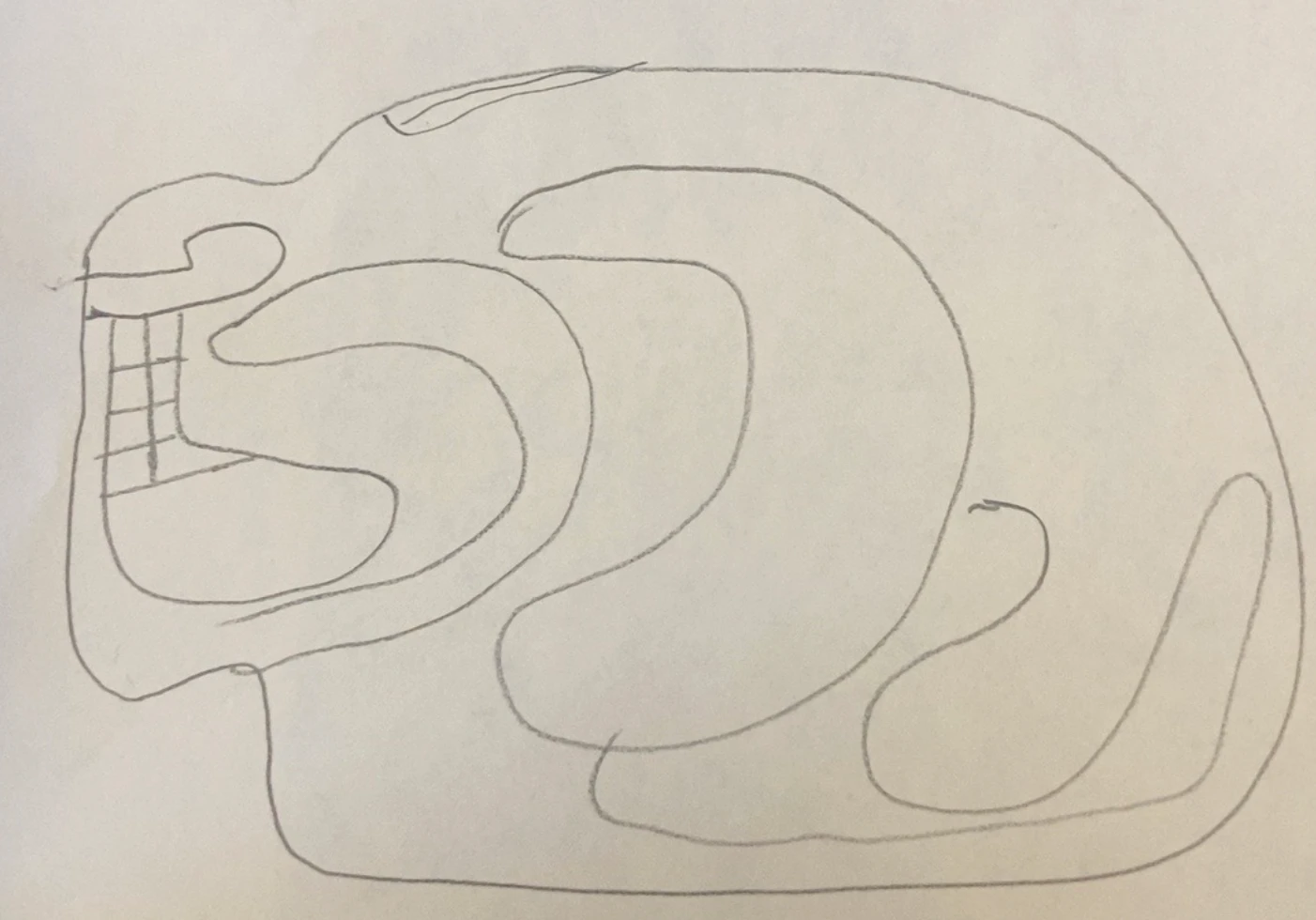 A pencil drawing of the hacha turned sideways, showing a crouching animal with an open, toothy mouth.